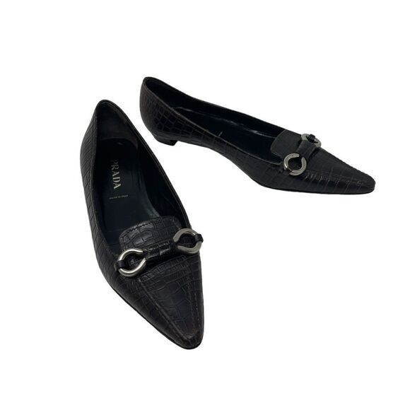 Prada 37 Leather Pointy Toe Brown Low Block Heel Pumps Metal Italy Womens - Picture 2 of 14